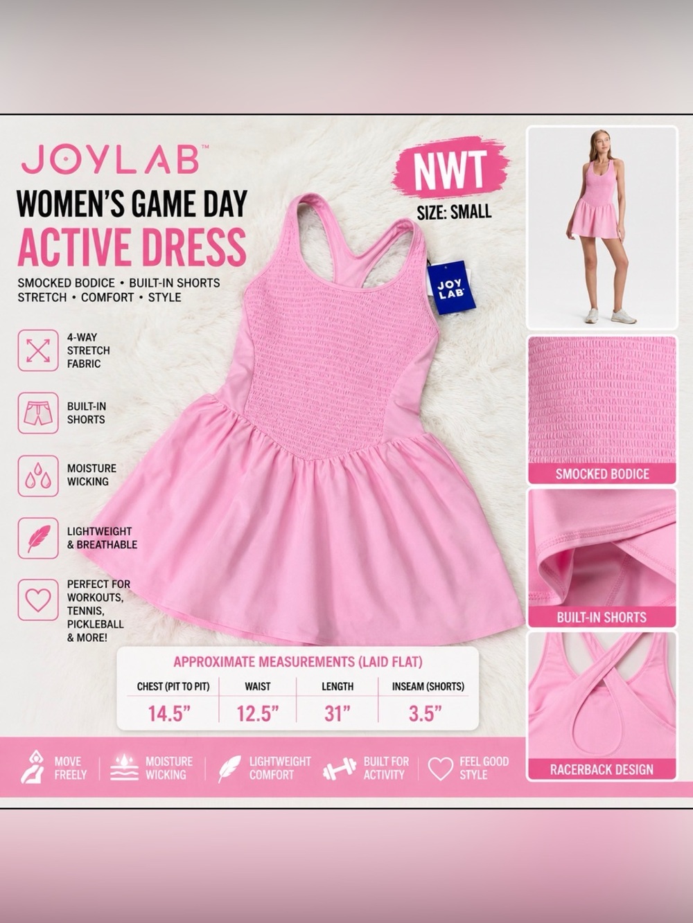 JoyLab Women’s Game Day Active Dress – Size Small – NWT – Pink